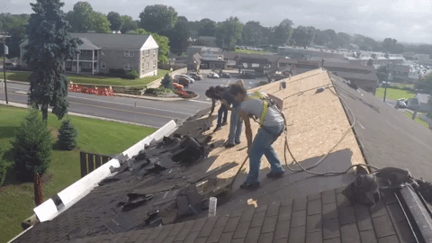 3 people on a roof with safety harnesses removing fabric
