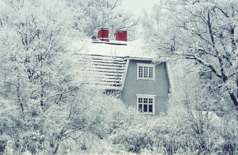 snowy gray house surrounded by snowy trees and bushes
