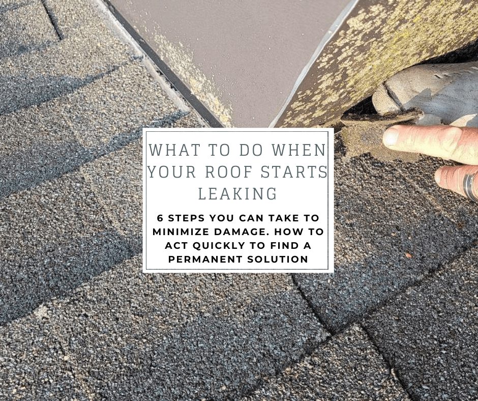 joyland roofing inspectors shingle inspection by chimney with the caption "what to do when your roof starts leaking. 6 steps you can take to minimize damage. how to act quickly to find a permanent solution"