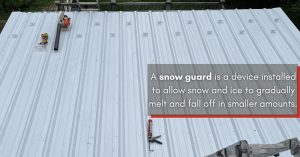 definition of a snowguard overtop a picture of a white corrugated metal roof with snowbirds installed by joyland roofing