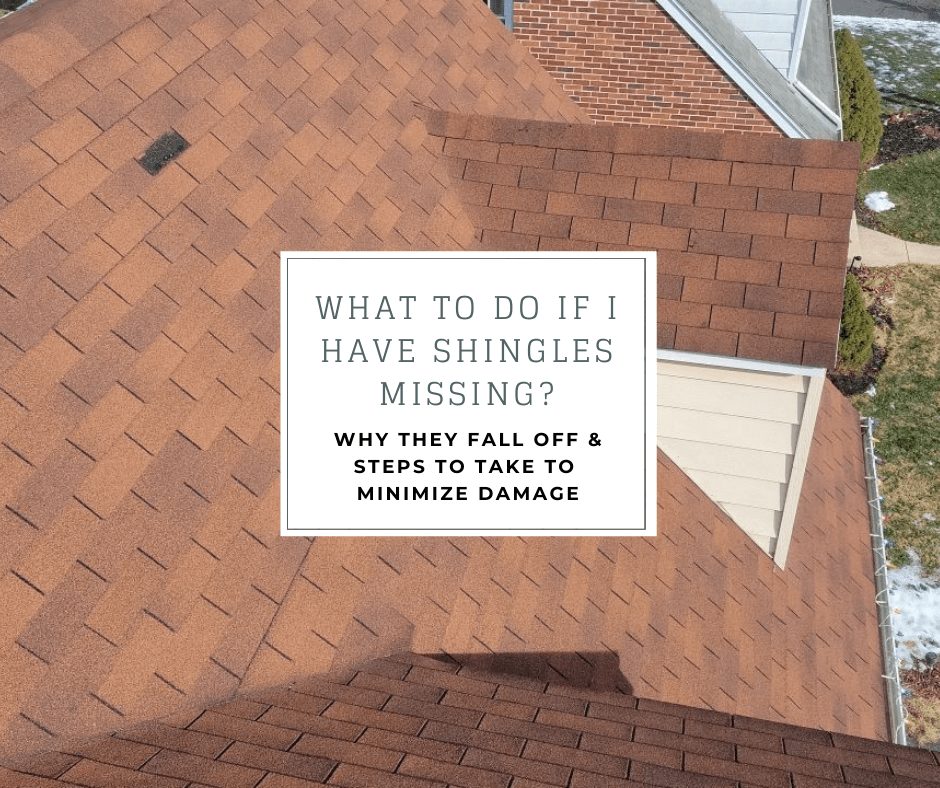 3-tab shingle missing on residential roof with the caption "what to do if I have shingles missing? why they fall off and steps to take to minimize damage"