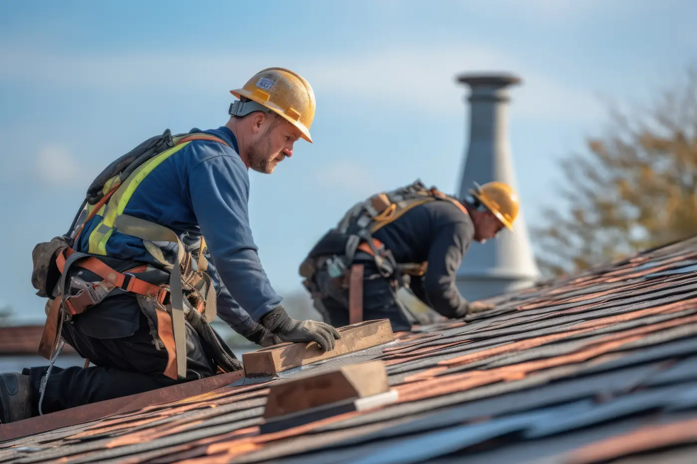 Roofers in hard hats repairing roof shingles