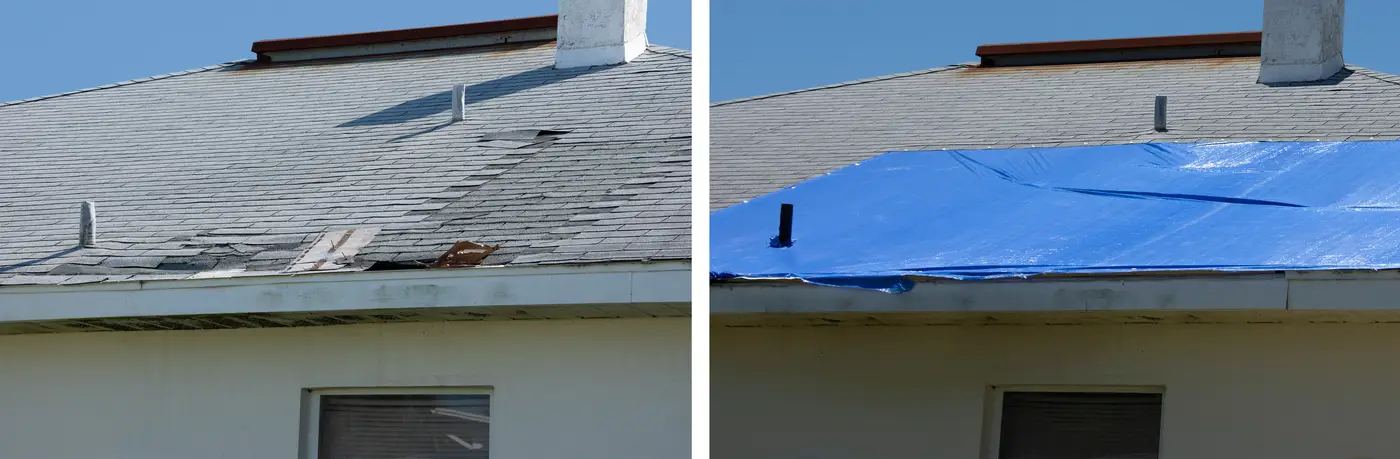 Storm damaged asphalt roof before and after