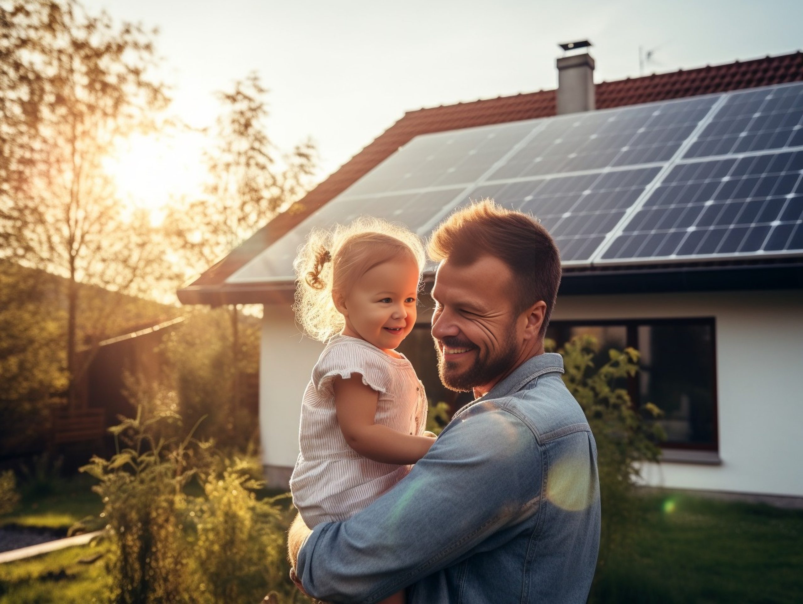 A father hugging his young daughter in a grassy yard in front of a house equipped with solar panels
