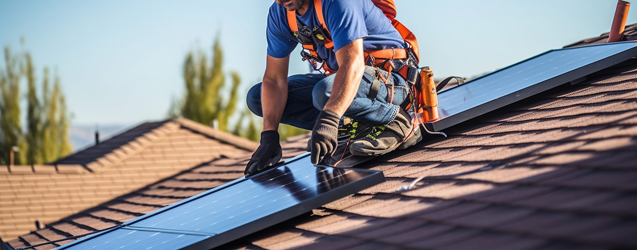 Technician installing integrated solar panels on asphalt shingle roof