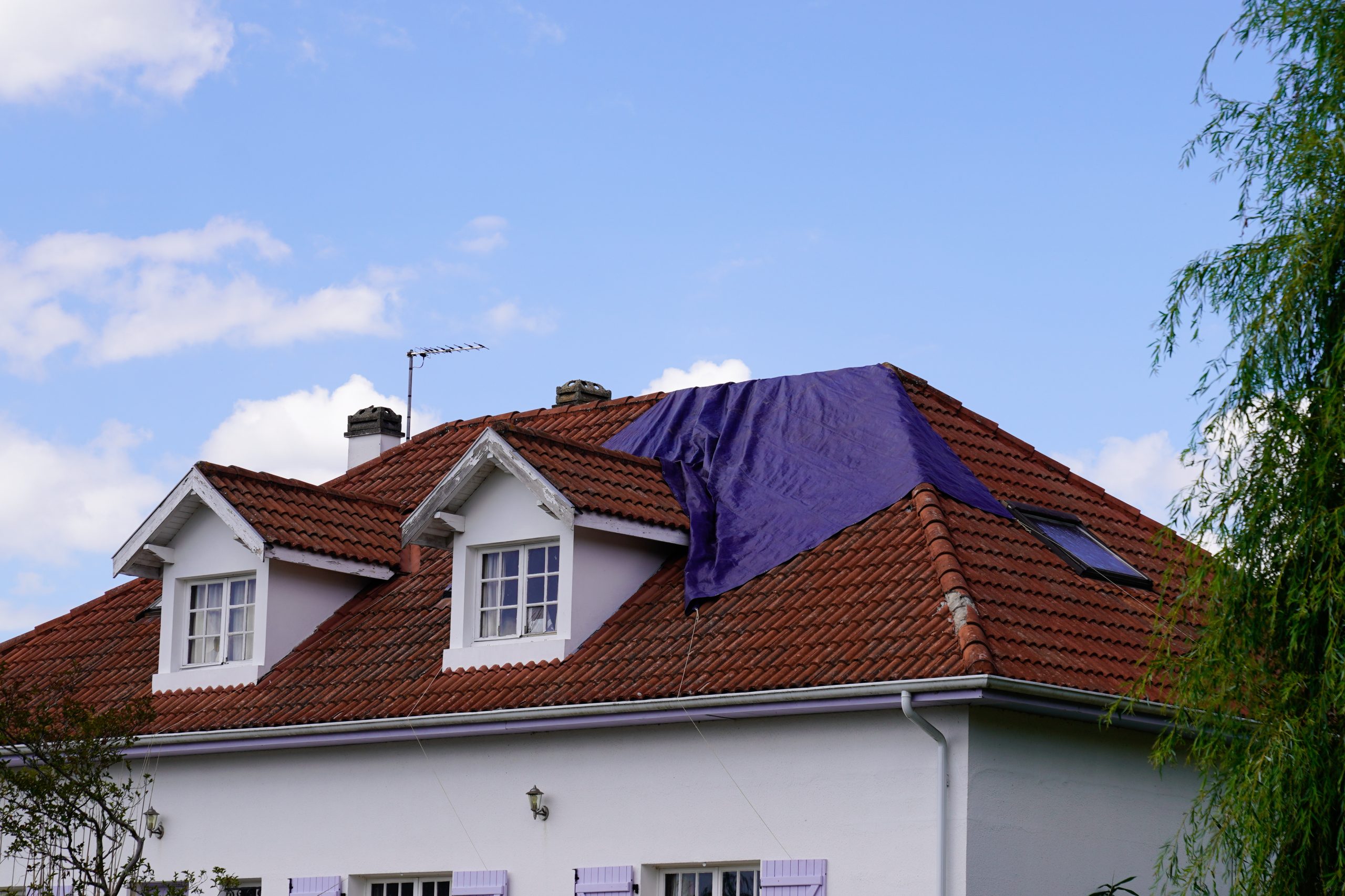 White house with red tile roof covered with purple tarp