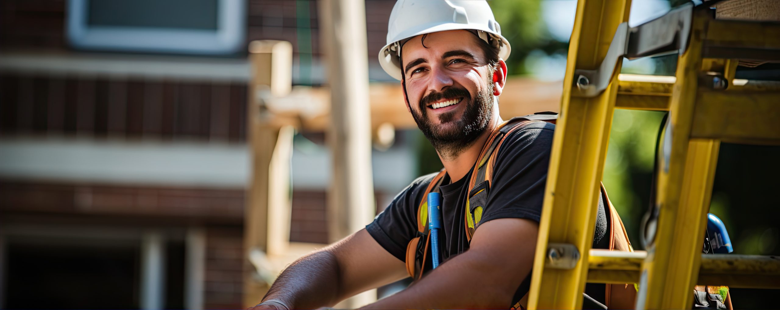 Roofer in yellow hard hat smiling among job site
