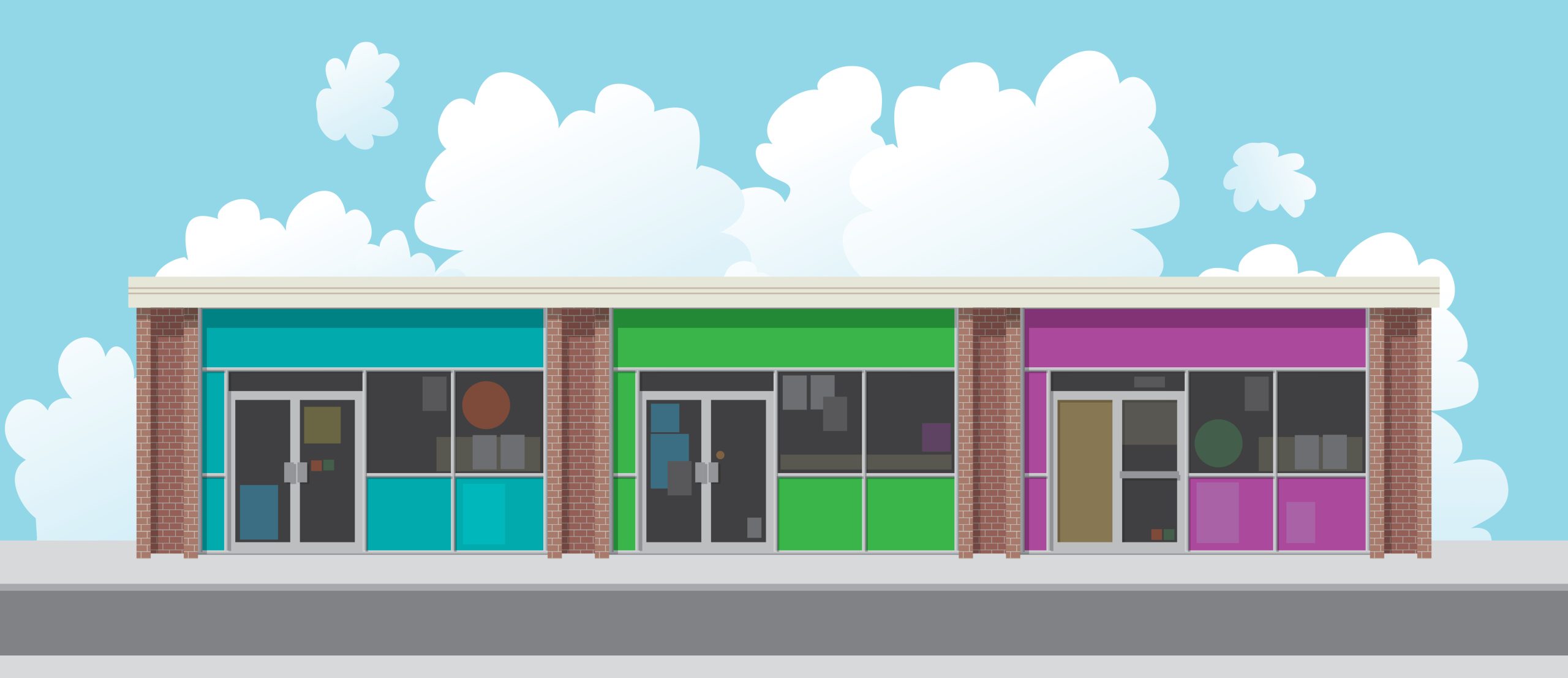 Strip mall illustration with three businesses in blue, green, and pink