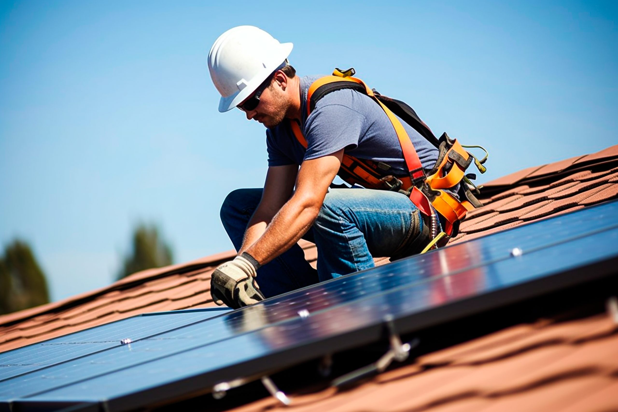 Construction worker in hard hat installing solar panels on red asphalt shingle roof